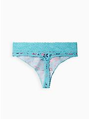 Plus Size Wide Lace Trim Thong Panty - Cotton Floral Blue, NATURAL LIGHT FLORAL BLUE, alternate