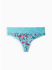 Plus Size Wide Lace Trim Thong Panty - Cotton Floral Blue, NATURAL LIGHT FLORAL BLUE, hi-res