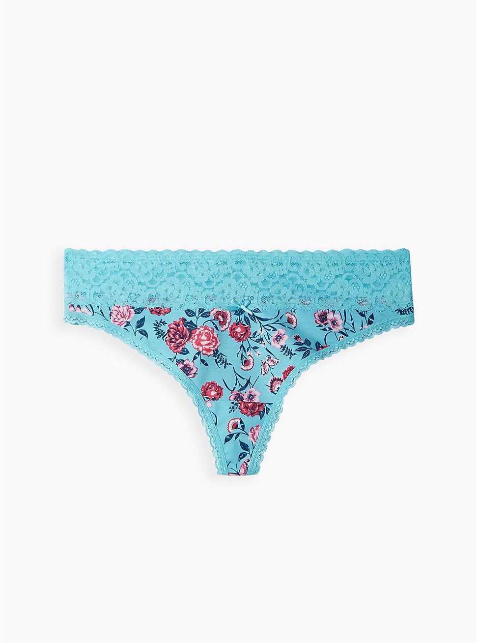 Plus Size Wide Lace Trim Thong Panty - Cotton Floral Blue, NATURAL LIGHT FLORAL BLUE, hi-res