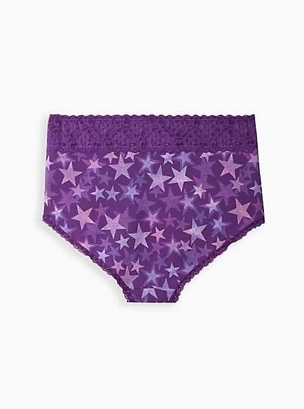 Plus Size Wide Lace Trim Brief Panty - Cotton Stars, DOTTED STARS PURPLE, alternate