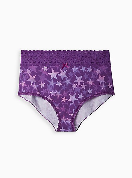 Plus Size Wide Lace Trim Brief Panty - Cotton Stars, DOTTED STARS PURPLE, hi-res