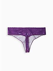 Plus Size Wide Lace Trim Thong Panty - Cotton Stars Purple, DOTTED STARS PURPLE, alternate