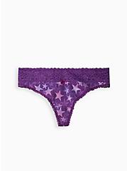 Plus Size Wide Lace Trim Thong Panty - Cotton Stars Purple, DOTTED STARS PURPLE, hi-res