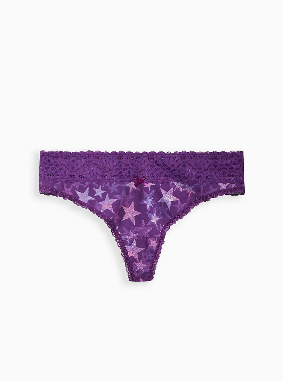 Plus Size Wide Lace Trim Thong Panty - Cotton Stars Purple, DOTTED STARS PURPLE, hi-res