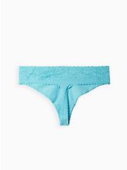 Plus Size Wide Lace Trim Thong Panty - Cotton Blue, BLUE RADIANCE, alternate
