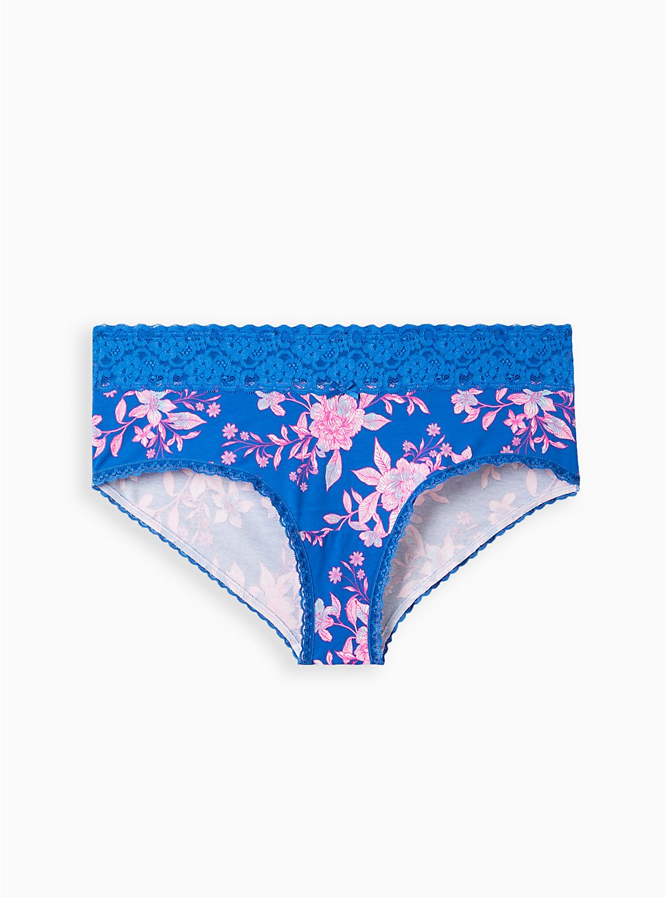 Plus Size Wide Lace Trim Cheeky Panty - Cotton Floral Blue, LILLIAN FLORAL BLUE, hi-res