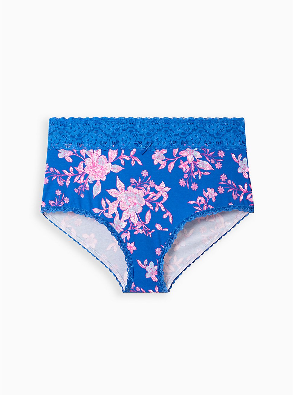 Plus Size Wide Lace Trim Brief Panty - Cotton Floral Blue, LILLIAN FLORAL BLUE, hi-res