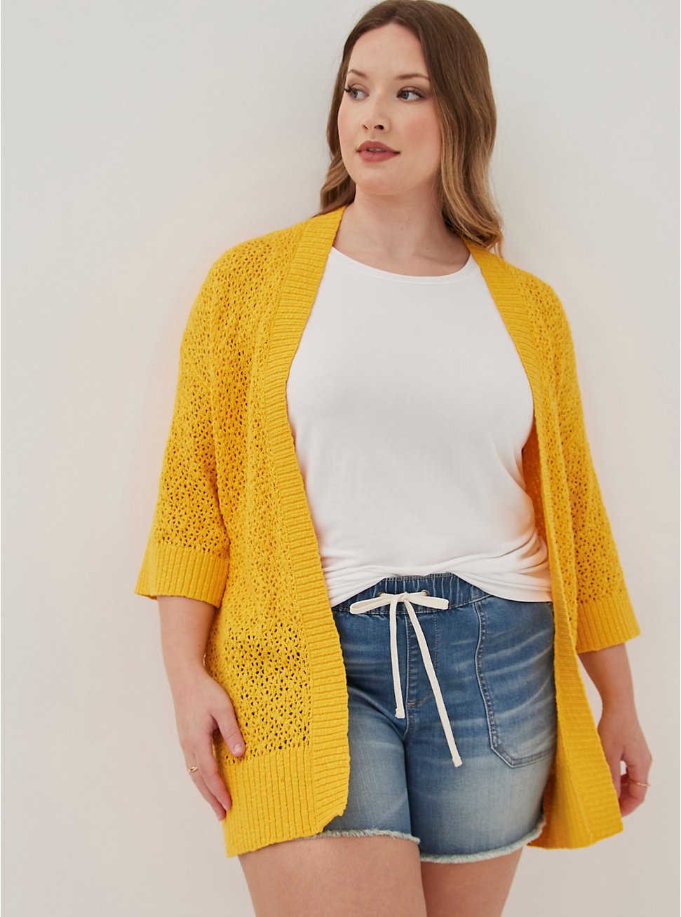 Open Stitch Cardigan Open Front Sweater, YELLOW, hi-res