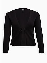 Plus Size Front-Tie Cardigan - Rib Black, BLACK, hi-res