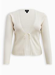 Plus Size Front-Tie Cardigan - Rib White, WHITE, hi-res