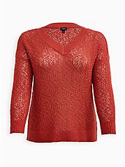 Open Stitch Pullover V-Neck Sweater, ORANGE, hi-res