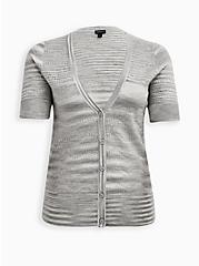 Pointelle Cardigan V-Neck Short Sleeve Sweater, GREY, hi-res