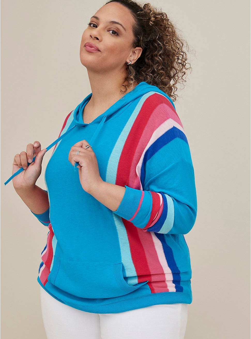 Plus Size Sweater Hooded Pullover, BLUE, hi-res