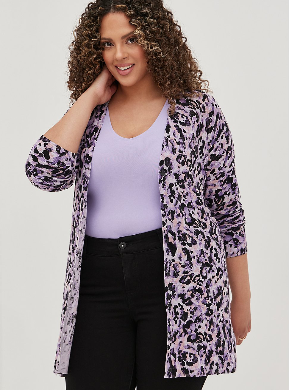 Plus Size Boyfriend Cardigan - Cotton Leopard Purple, ANIMAL, hi-res