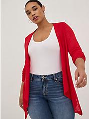 Plus Size Drape Front Cardigan - Slub Red , RED, alternate