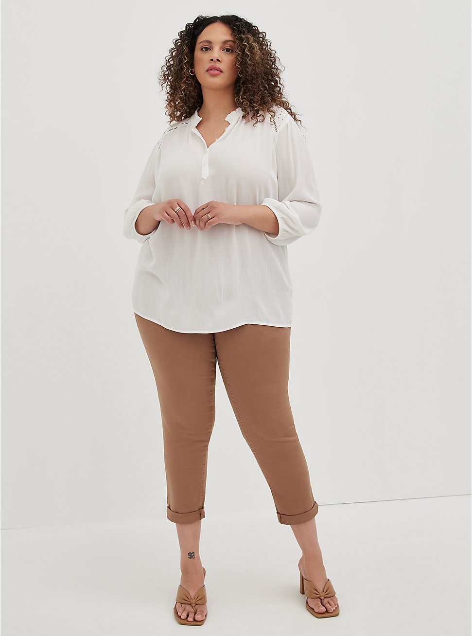 Button-Front Blouse with Eyelet Detail - Crinkle Gauze White, CLOUD DANCER, hi-res