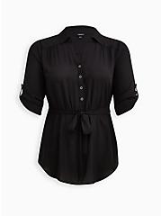Plus Size Button-Up Tie Blouse - Georgette Black, DEEP BLACK, hi-res