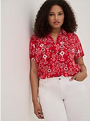 Plus Size Button Down Shirt - Stretch Challis Paisley Hearts Bright Red, MULTI, alternate