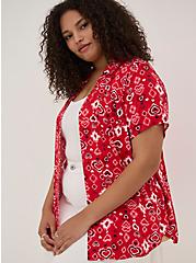 Plus Size Button Down Shirt - Stretch Challis Paisley Hearts Bright Red, MULTI, hi-res