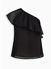 One-Shoulder Ruffle Blouse - Crinkle Chiffon & Lurex Black, DEEP BLACK, hi-res