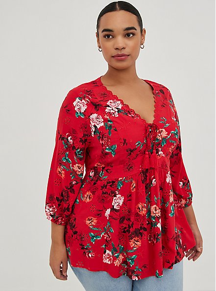 Plus Size Eyelet Lace-Up Babydoll Top - Challis Floral Red, FLORAL - RED, alternate
