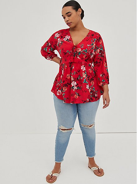 Plus Size Eyelet Lace-Up Babydoll Top - Challis Floral Red, FLORAL - RED, alternate
