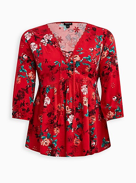 Plus Size Eyelet Lace-Up Babydoll Top - Challis Floral Red, FLORAL - RED, hi-res
