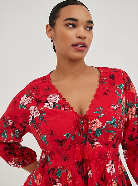 Plus Size Eyelet Lace-Up Babydoll Top - Challis Floral Red, FLORAL - RED, hi-res