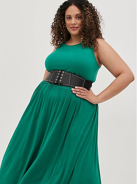 Smocked Waist Tea Length Skirt - Super Soft  Green, GREEN, alternate