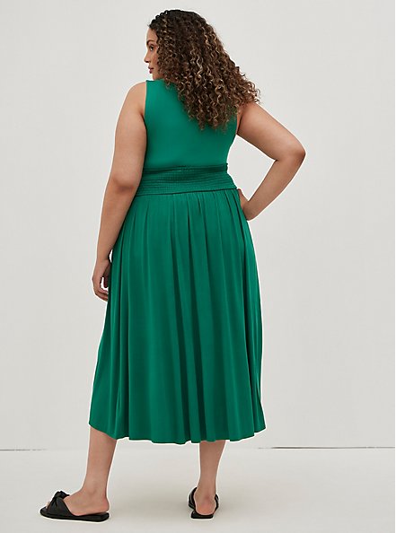 Smocked Waist Tea Length Skirt - Super Soft  Green, GREEN, alternate