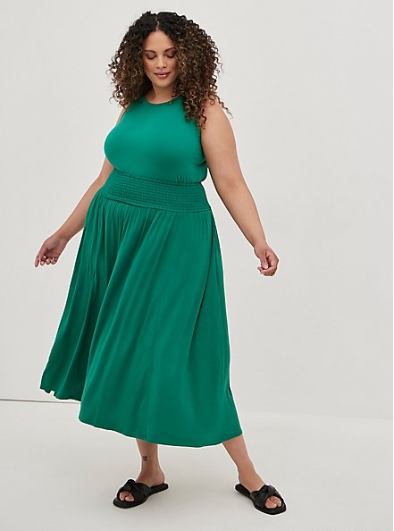 Smocked Waist Tea Length Skirt - Super Soft  Green, GREEN, hi-res