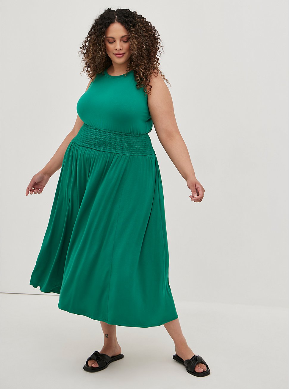 Smocked Waist Tea Length Skirt - Super Soft  Green, GREEN, hi-res