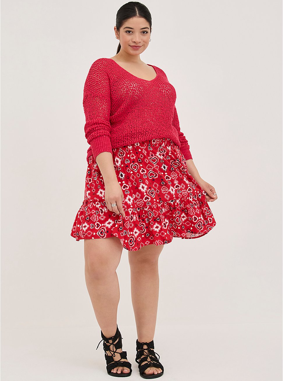 Plus Size Smocked Ruffle Mini Skirt - Challis Paisley Hearts Bright Red, HEART PRINT, hi-res