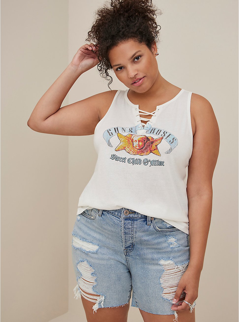 Plus Size Guns N' Roses Classic Fit Lace-Up Tank - Cotton-Blend Sweet Child White, IVORY, hi-res