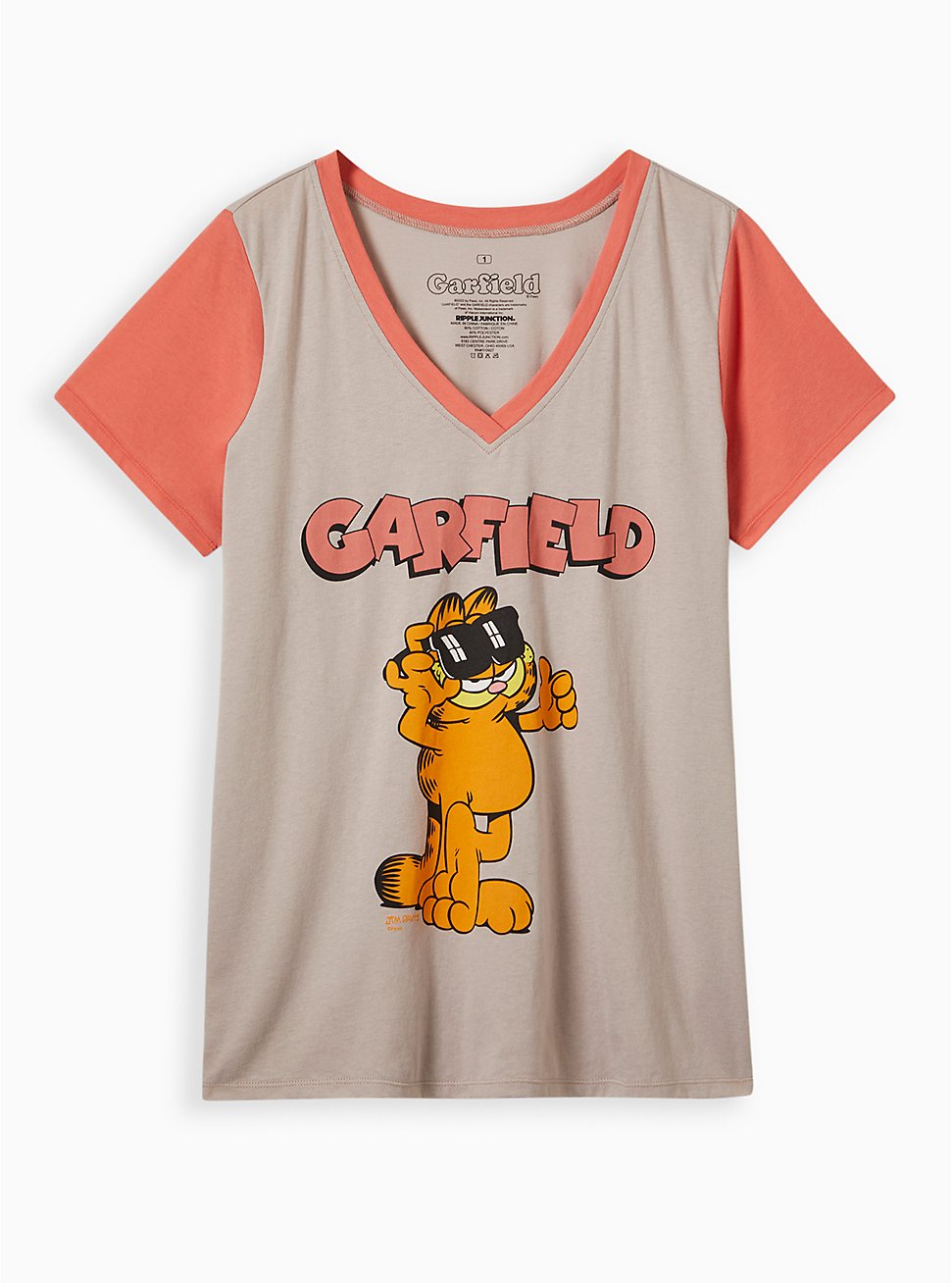 Plus Size Garfield V-Neck Ringer – Cotton Grey, GREY, hi-res