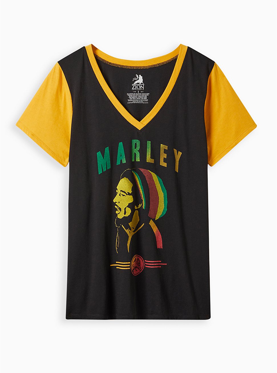 Bob Marley Classic Fit Ringer V-Neck - Cotton Black & Yellow, DEEP BLACK, hi-res