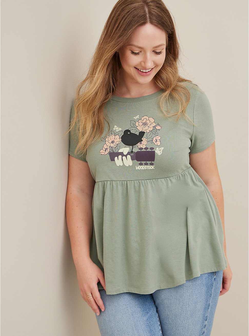 Plus Size Classic Fit Babydoll Tee - Cotton Woodstock Green, SAGE, hi-res