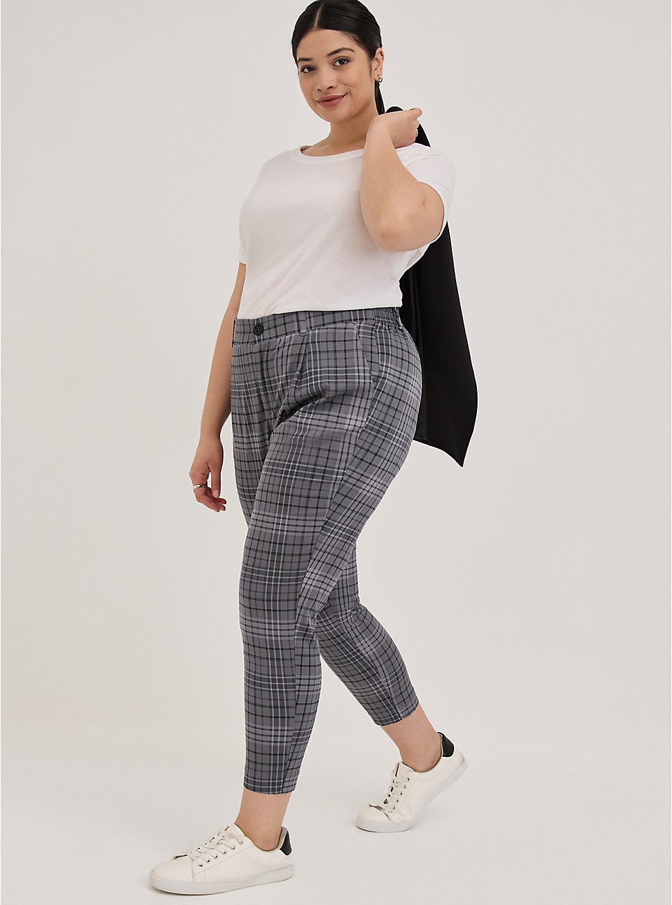 Plus Size Relaxed Taper Stretch Challis High-Rise Pant, PLAID GREY, hi-res