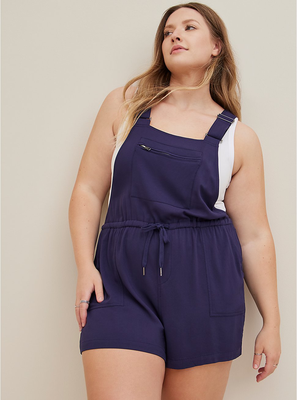 Plus Size Tie-Front Shortall - Twill Navy, PEACOAT, hi-res