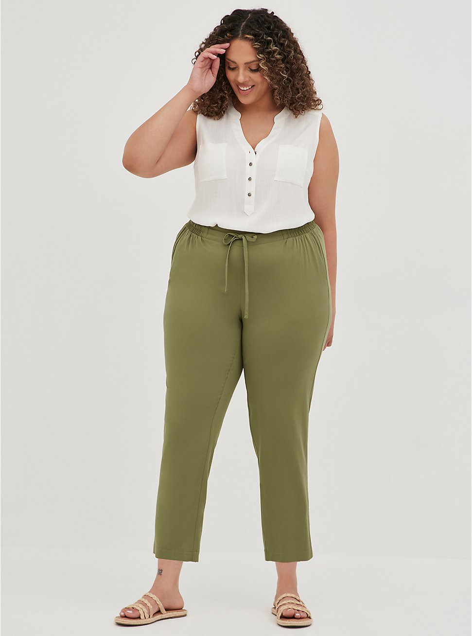 Drawcord Tapered Trouser - Stretch Challis Green, GREEN, hi-res