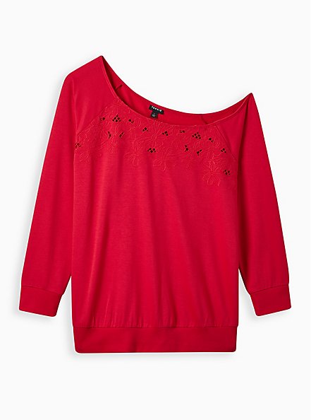 Off-Shoulder Lt Weight French Terry Embroidered Sweatshirt, PINK, hi-res