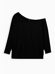 Off-Shoulder Lt Weight French Terry Embroidered Sweatshirt, DEEP BLACK, hi-res