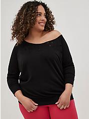 Off-Shoulder Lt Weight French Terry Embroidered Sweatshirt, DEEP BLACK, hi-res
