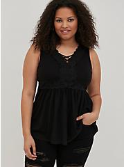 Babydoll Textured Jersey V-Neck Lace-Up Lace Pieced Top, DEEP BLACK, alternate