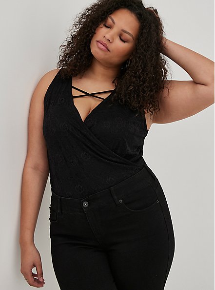 Plus Size Surplice Strappy Bodysuit - Lace Black, DEEP BLACK, alternate