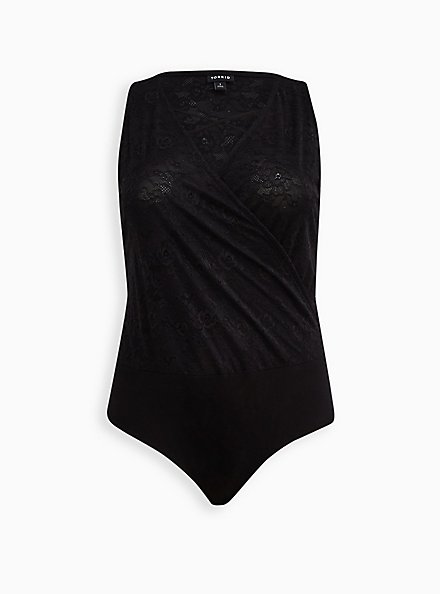 Plus Size Surplice Strappy Bodysuit - Lace Black, DEEP BLACK, hi-res