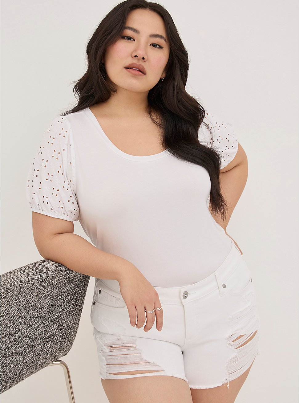 Classic Fit Super Soft Scoop Neck Eyelet Sleeve Tee, BRIGHT WHITE, hi-res