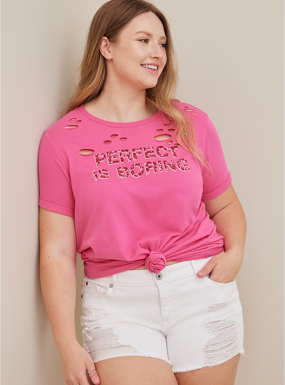 Graphic Relaxed Fit Cotton Crew Neck Destructed Tee, PERFECT PINK, hi-res