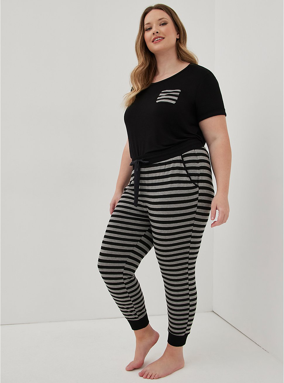 Plus Size Classic Fit Crop Sleep Jogger - Super Soft Stripe Black, BLACK STRIPE, hi-res