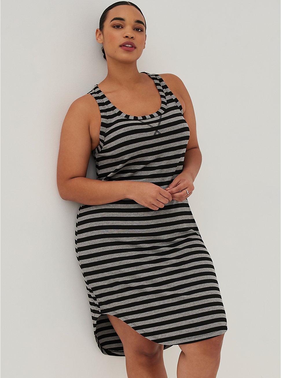 Plus Size Midi Sleep Dress - Super Soft Rib Stripe Black, BLACK STRIPE, hi-res